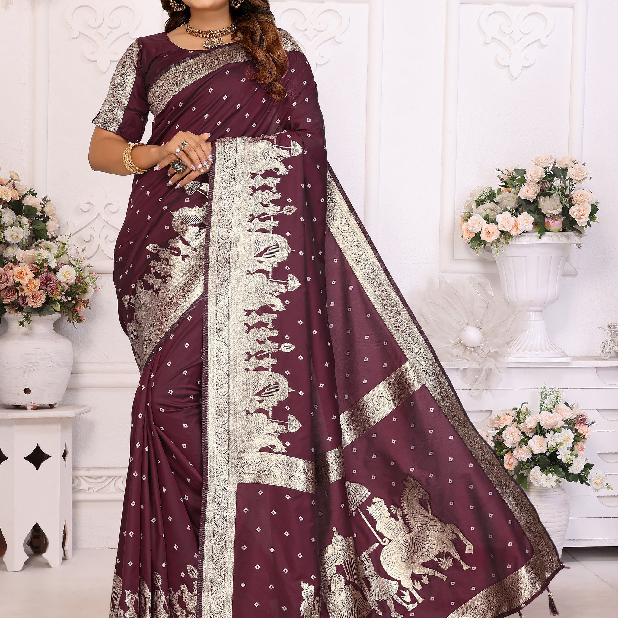 Gorgeous Brown Zari Weaving Kochi Silk Festive Wear Saree With Blouse