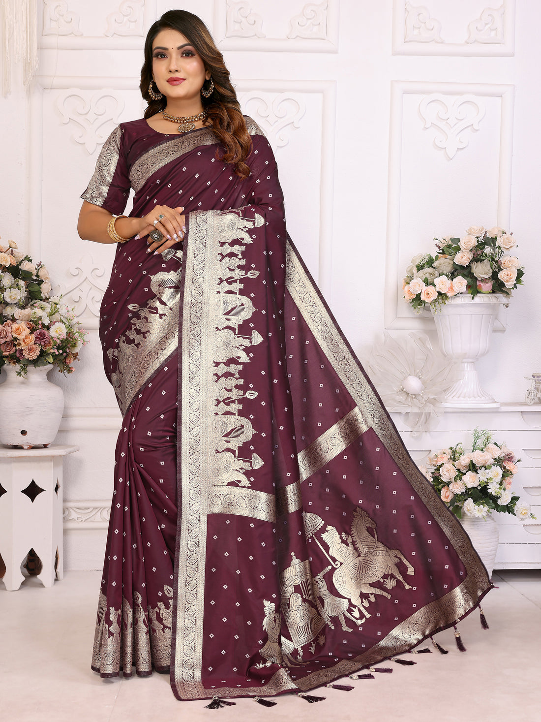 Gorgeous Brown Zari Weaving Kochi Silk Festive Wear Saree With Blouse