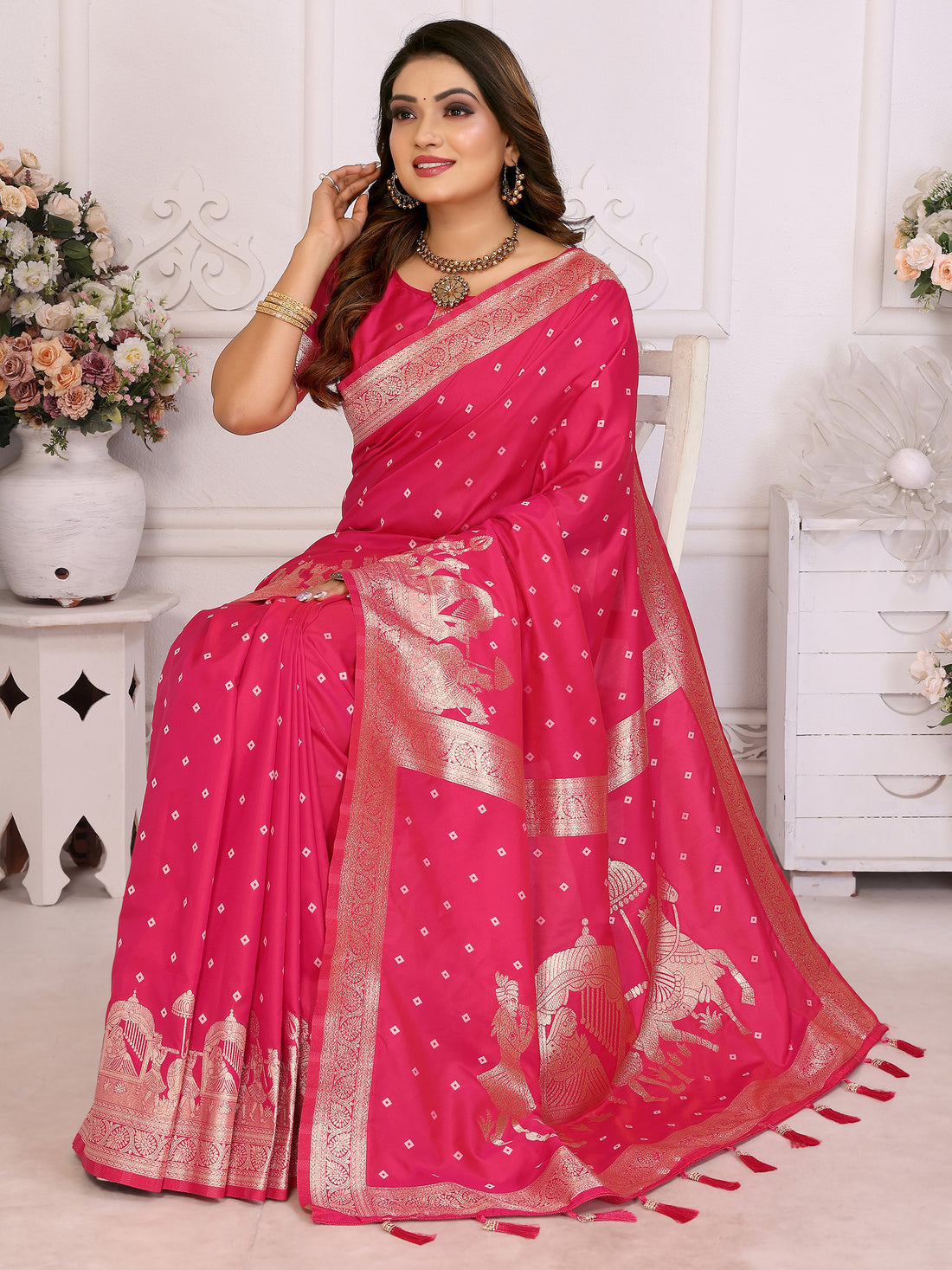 Stunning Pink Zari Weaving Kochi Silk Evening Wear Saree With Blouse