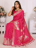 Stunning Pink Zari Weaving Kochi Silk Evening Wear Saree With Blouse
