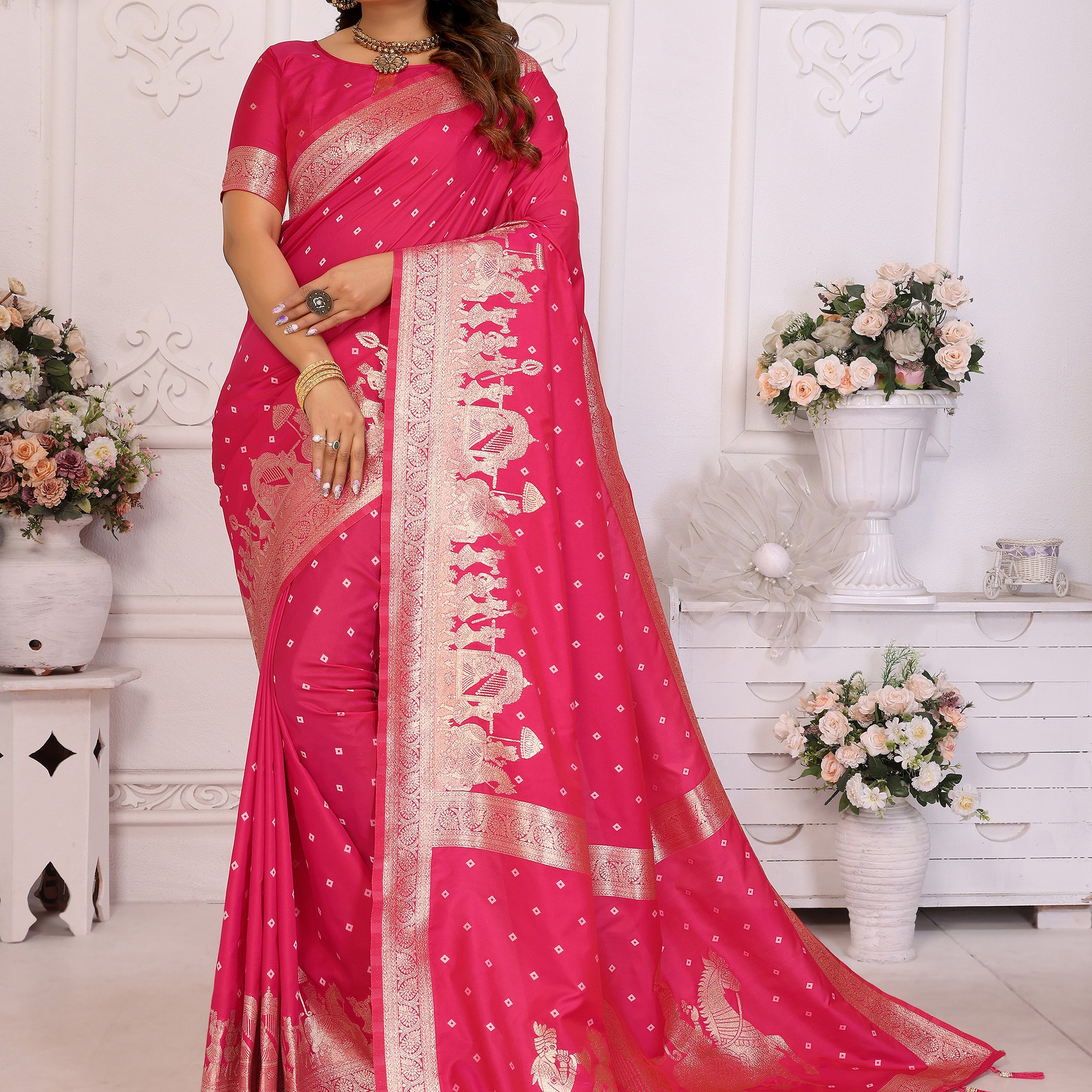 Stunning Pink Zari Weaving Kochi Silk Evening Wear Saree With Blouse