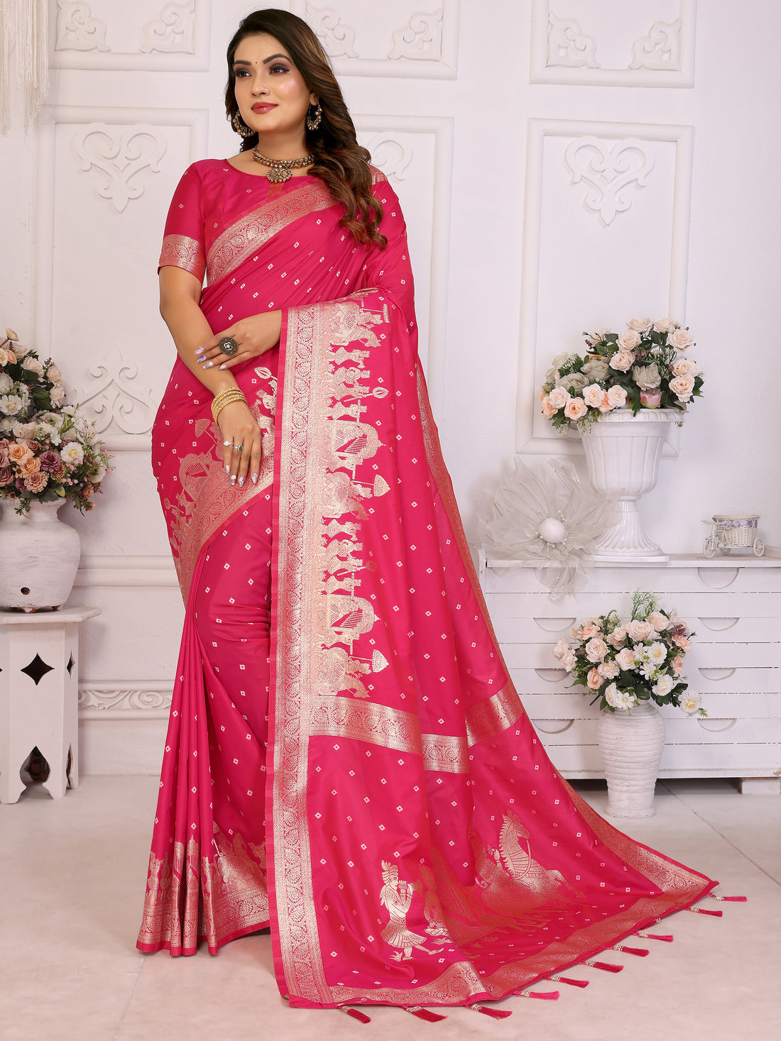 Stunning Pink Zari Weaving Kochi Silk Evening Wear Saree With Blouse