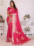 Stunning Pink Zari Weaving Kochi Silk Evening Wear Saree With Blouse