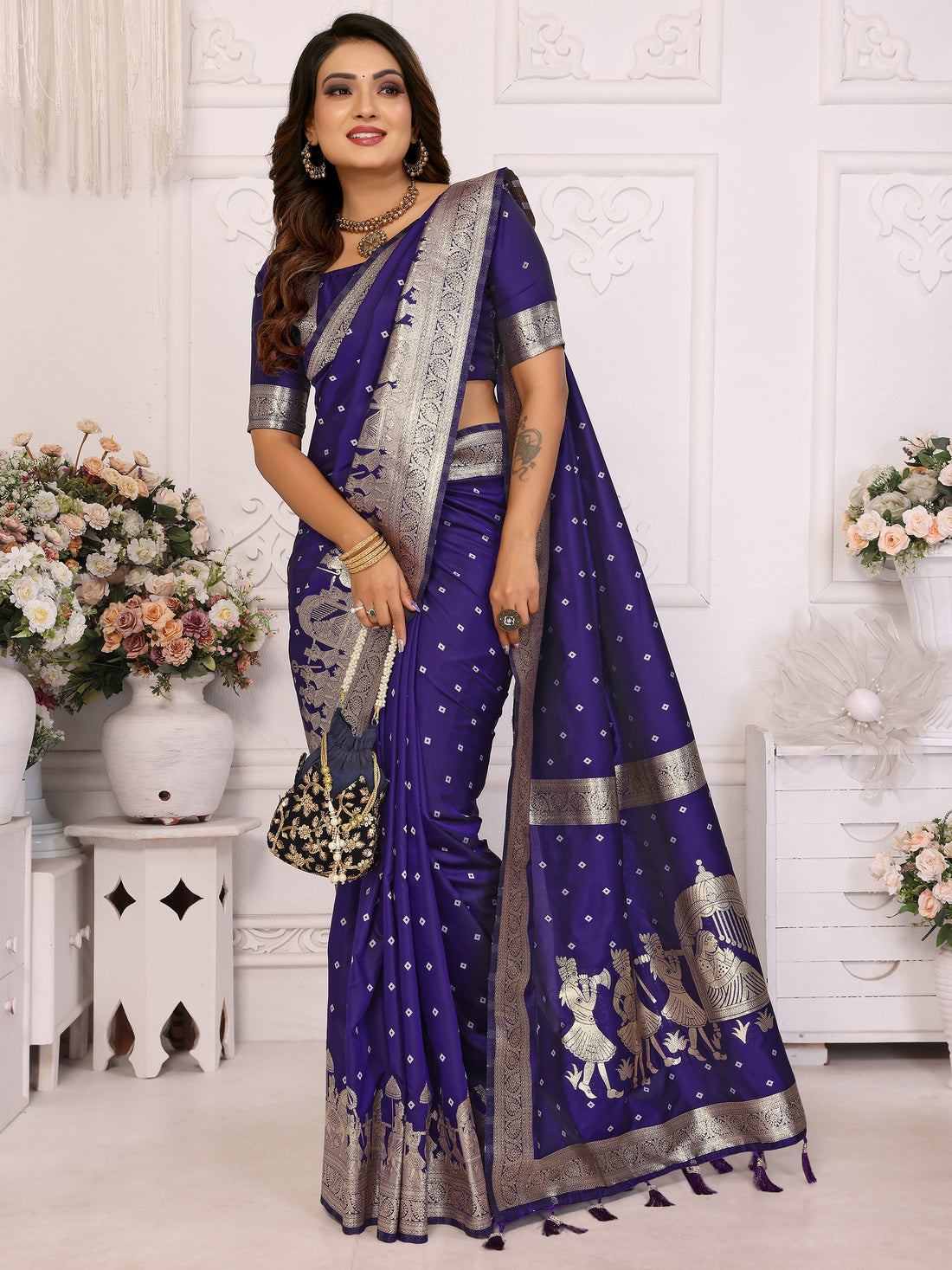 Adorable Violet Zari Weaving Kochi Silk Event Wear Saree With Blouse