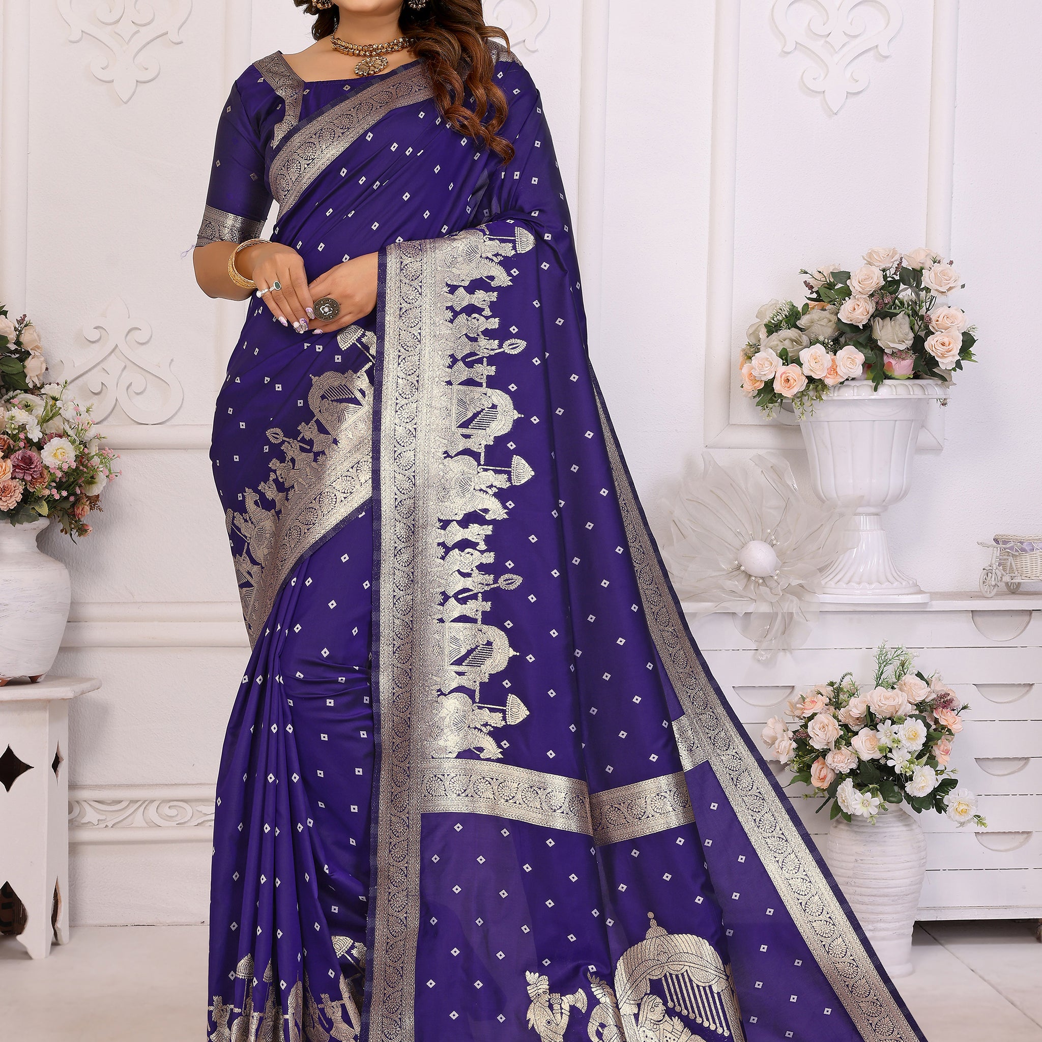 Adorable Violet Zari Weaving Kochi Silk Event Wear Saree With Blouse
