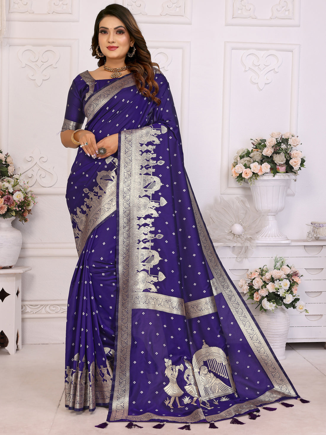 Adorable Violet Zari Weaving Kochi Silk Event Wear Saree With Blouse