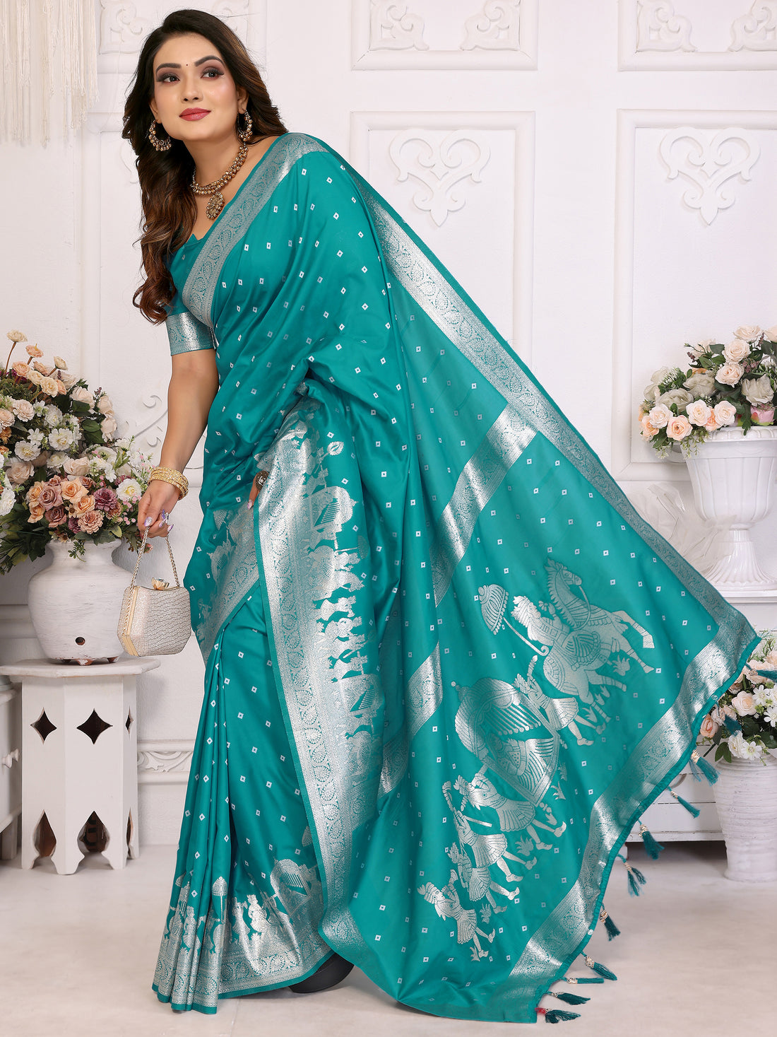 Enchanting Teal Green Zari Weaving Kochi Silk Festive Wear Saree With Blouse