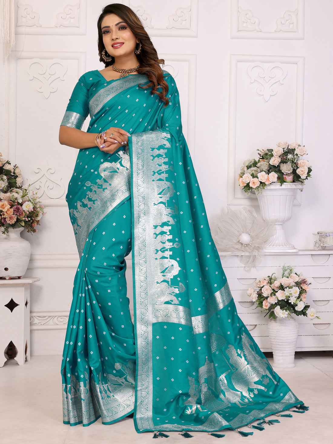 Enchanting Teal Green Zari Weaving Kochi Silk Festive Wear Saree With Blouse