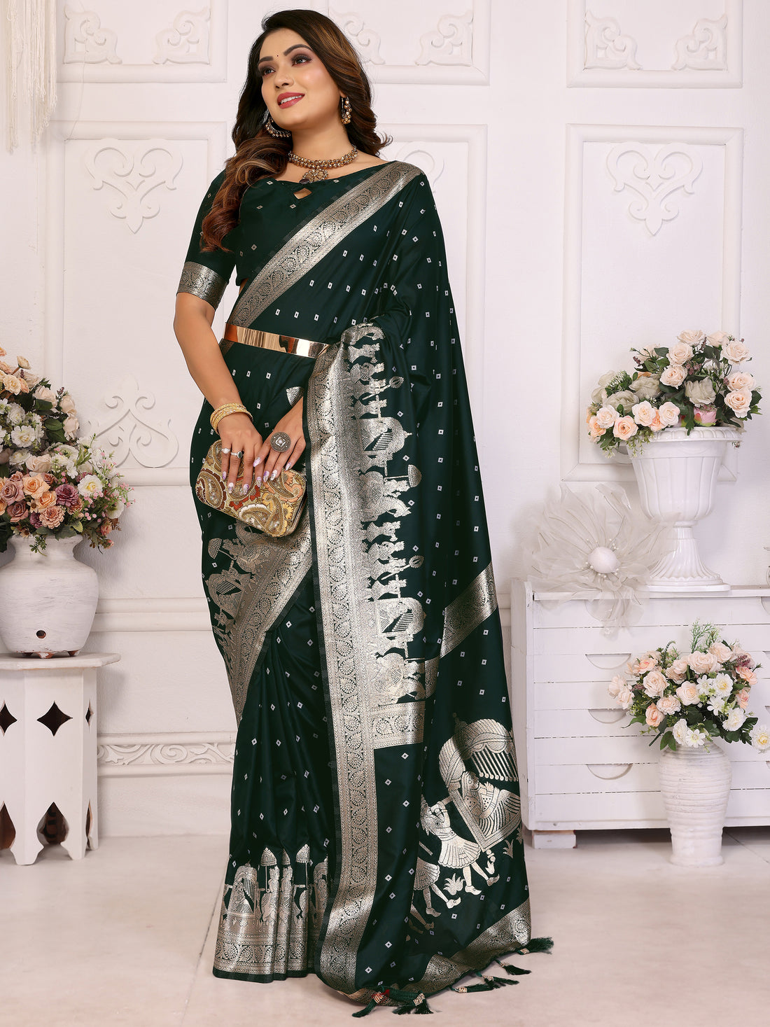 Captivating Bottle Green Zari Weaving Kochi Silk Mehendi Wear Saree With Blouse
