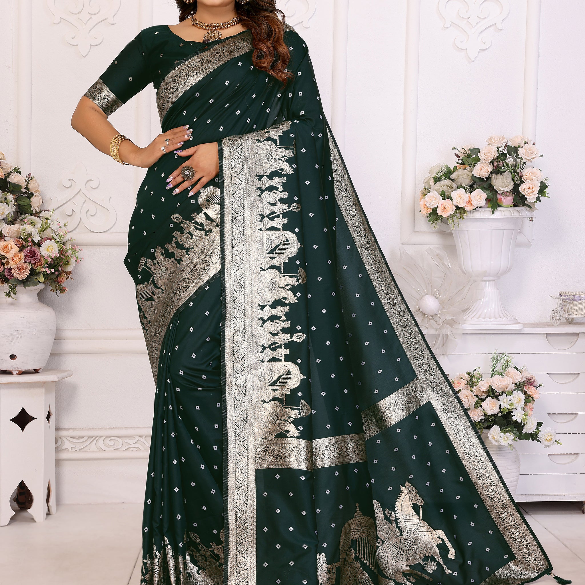 Captivating Bottle Green Zari Weaving Kochi Silk Mehendi Wear Saree With Blouse