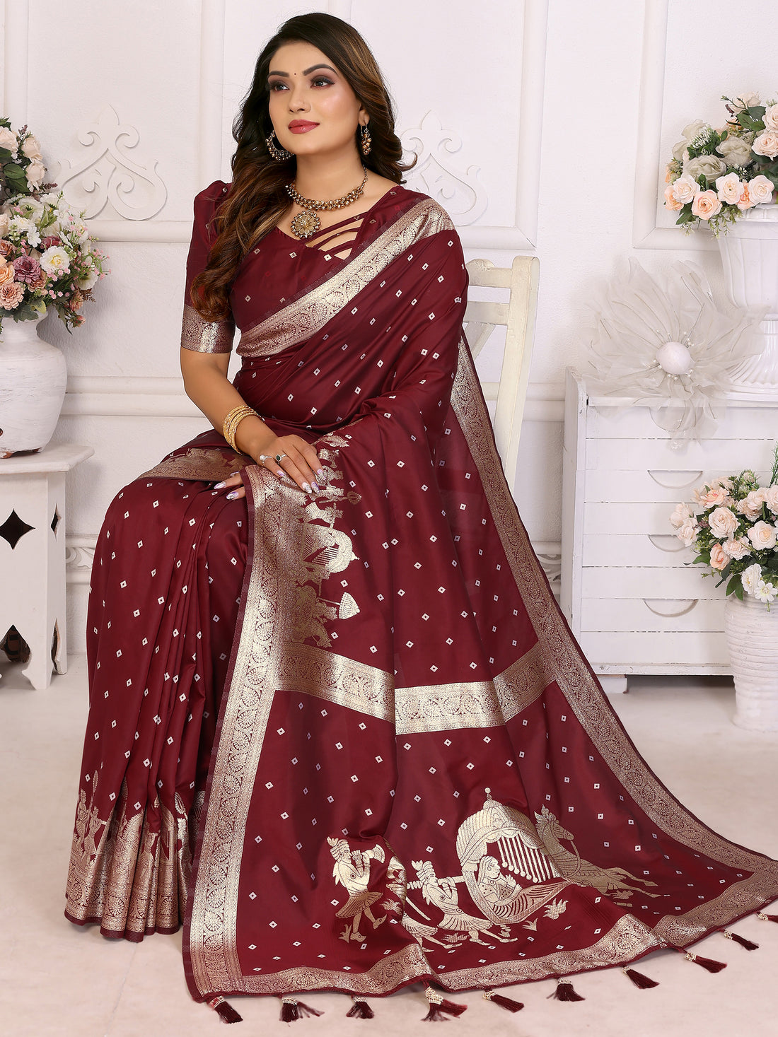 Astonishing Maroon Zari Weaving Kochi Silk Festive Wear Saree With Blouse