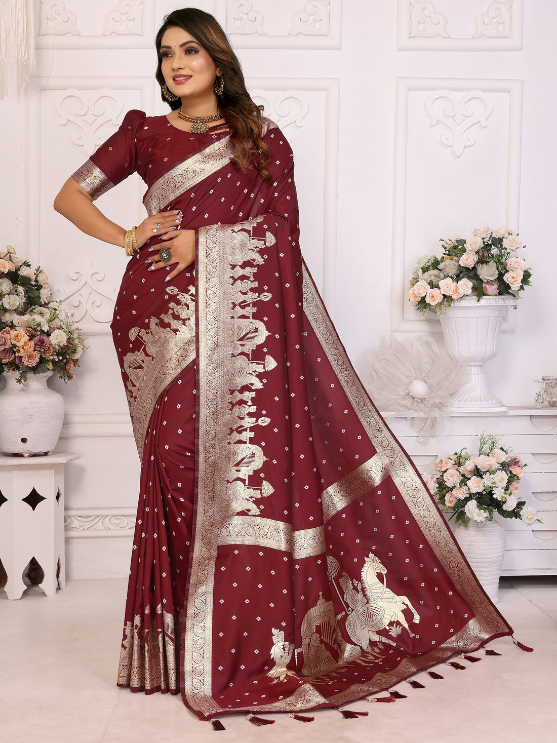 Astonishing Maroon Zari Weaving Kochi Silk Festive Wear Saree With Blouse