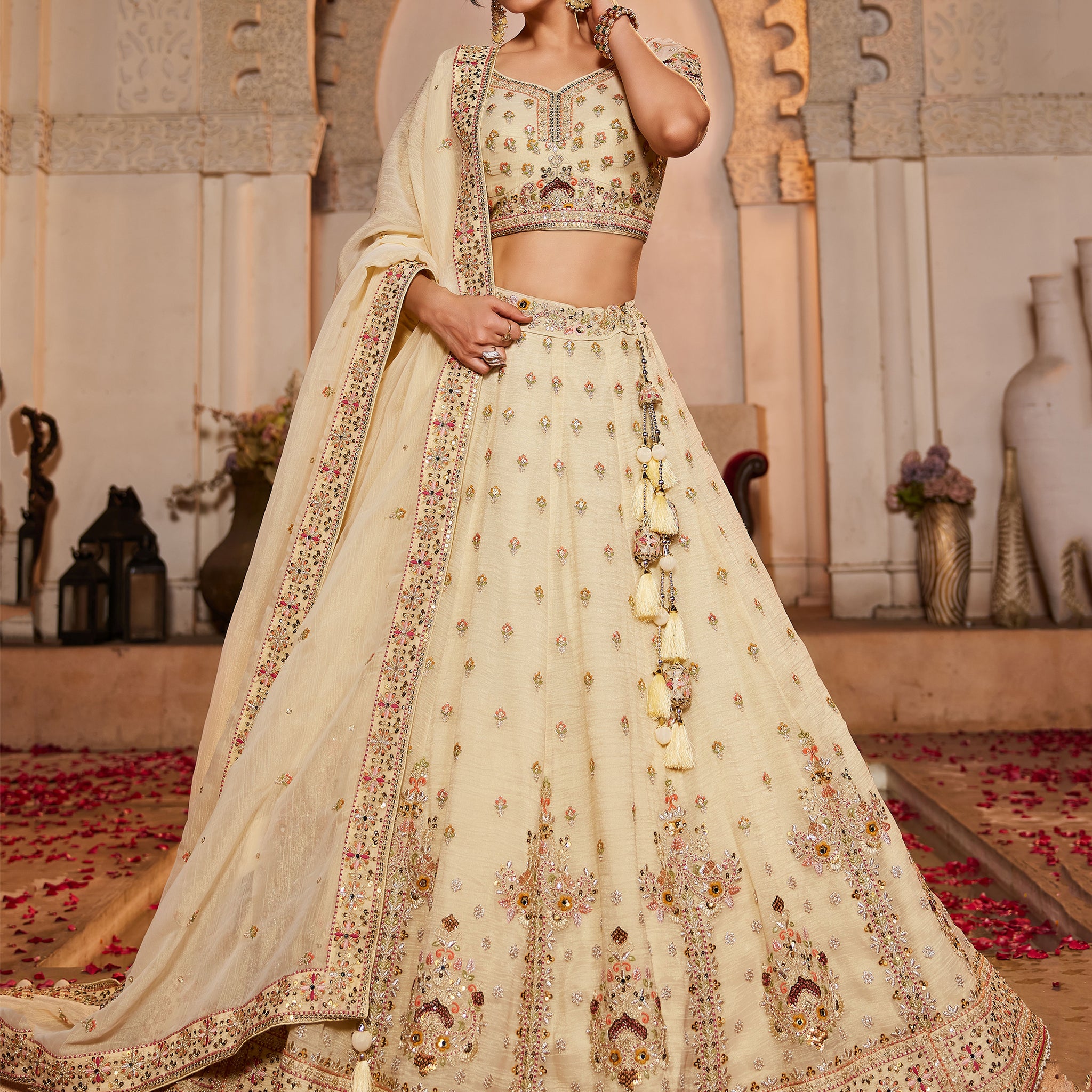 Lovely Cream Thread Work Tissue Silk Wedding Wear Lehenga Choli