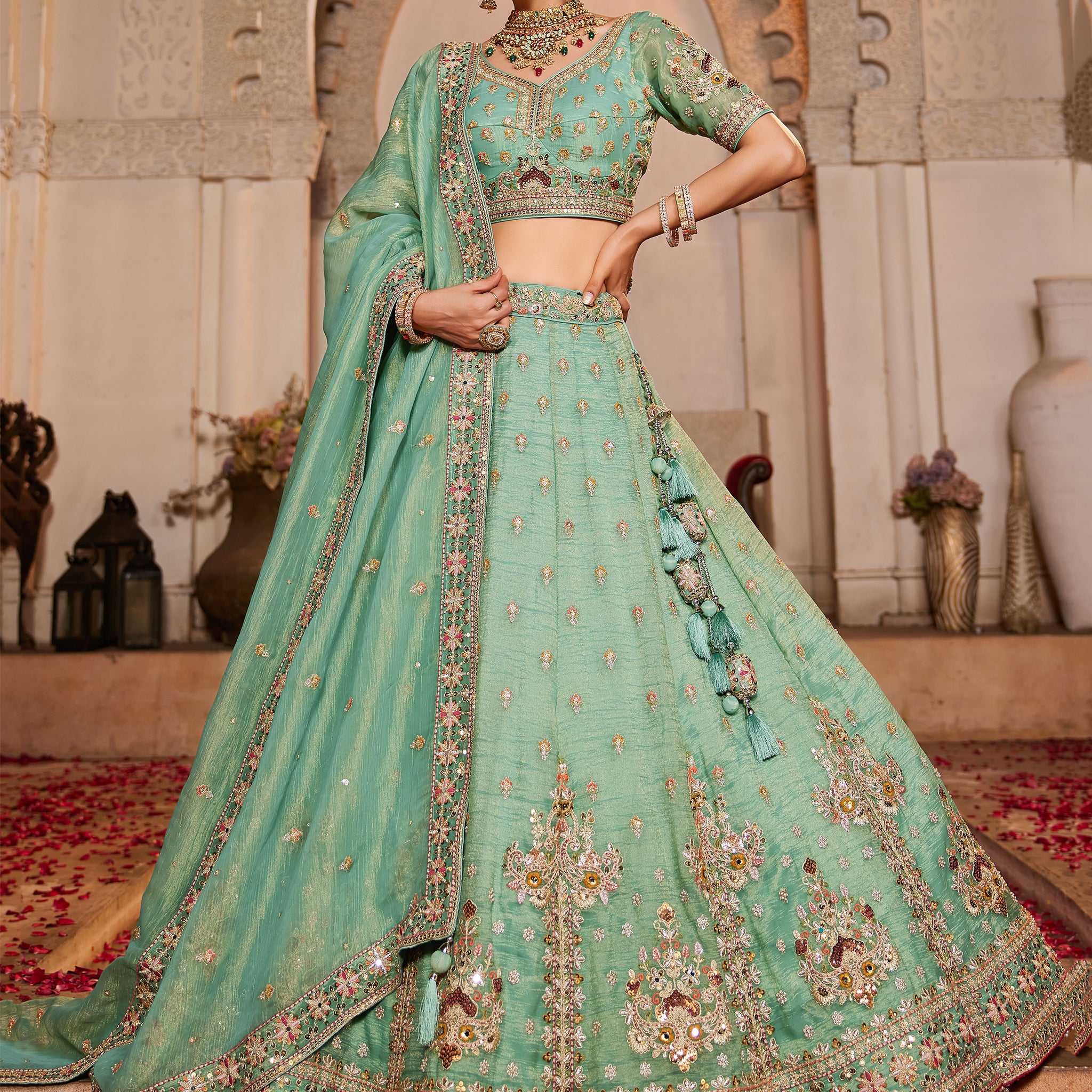 Marvelous Sea Green Bead Work Tissue Silk Reception Wear Lehenga Choli