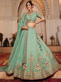 Marvelous Sea Green Bead Work Tissue Silk Reception Wear Lehenga Choli