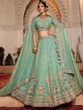 Marvelous Sea Green Bead Work Tissue Silk Reception Wear Lehenga Choli