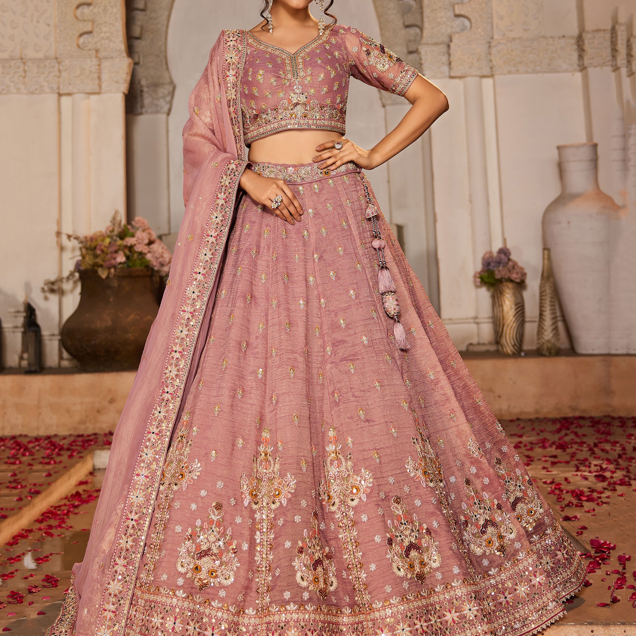 Gorgeous Pink Sequins Tissue Silk Engagement Wear Lehenga Choli