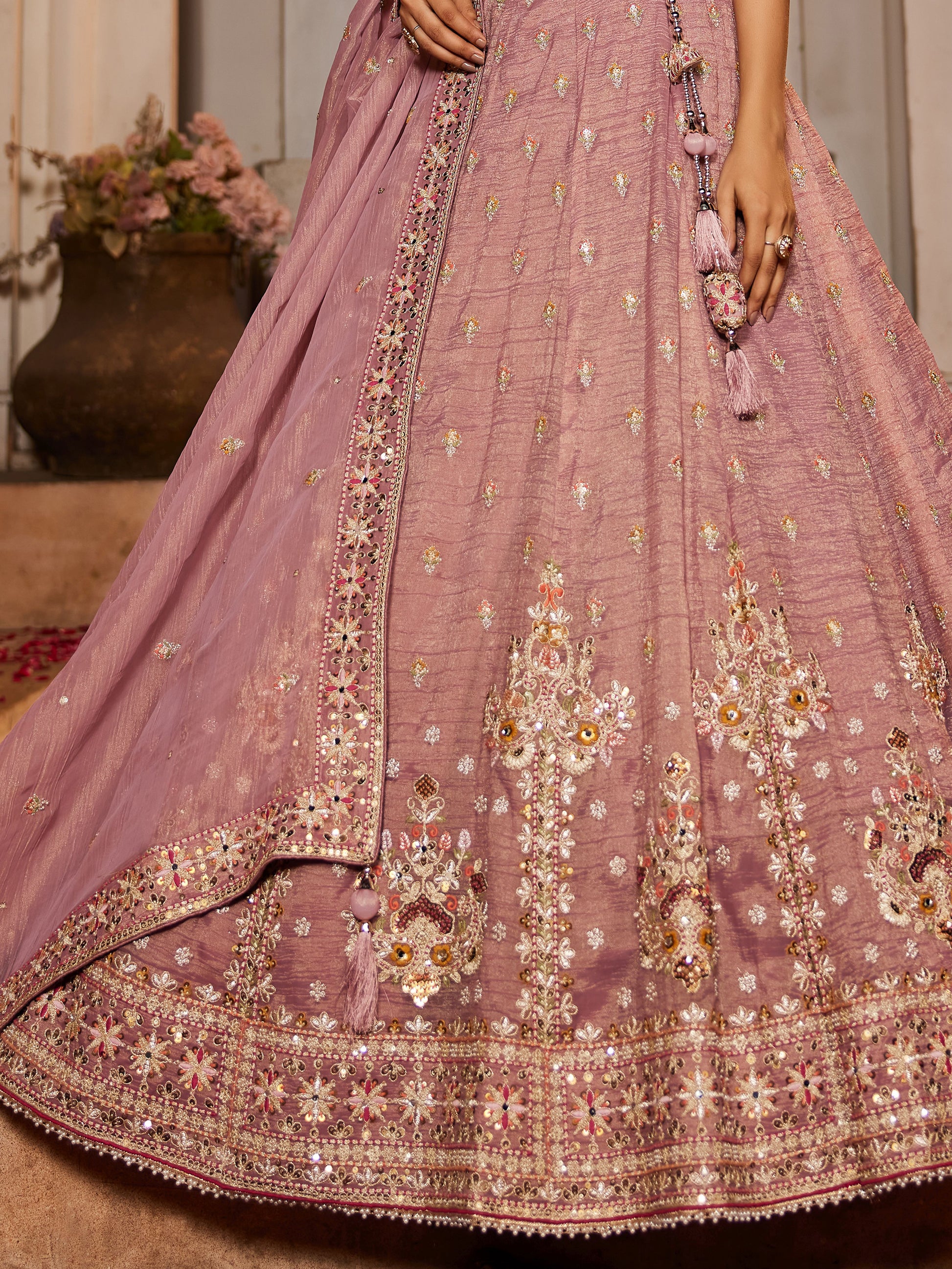 Gorgeous Pink Sequins Tissue Silk Engagement Wear Lehenga Choli