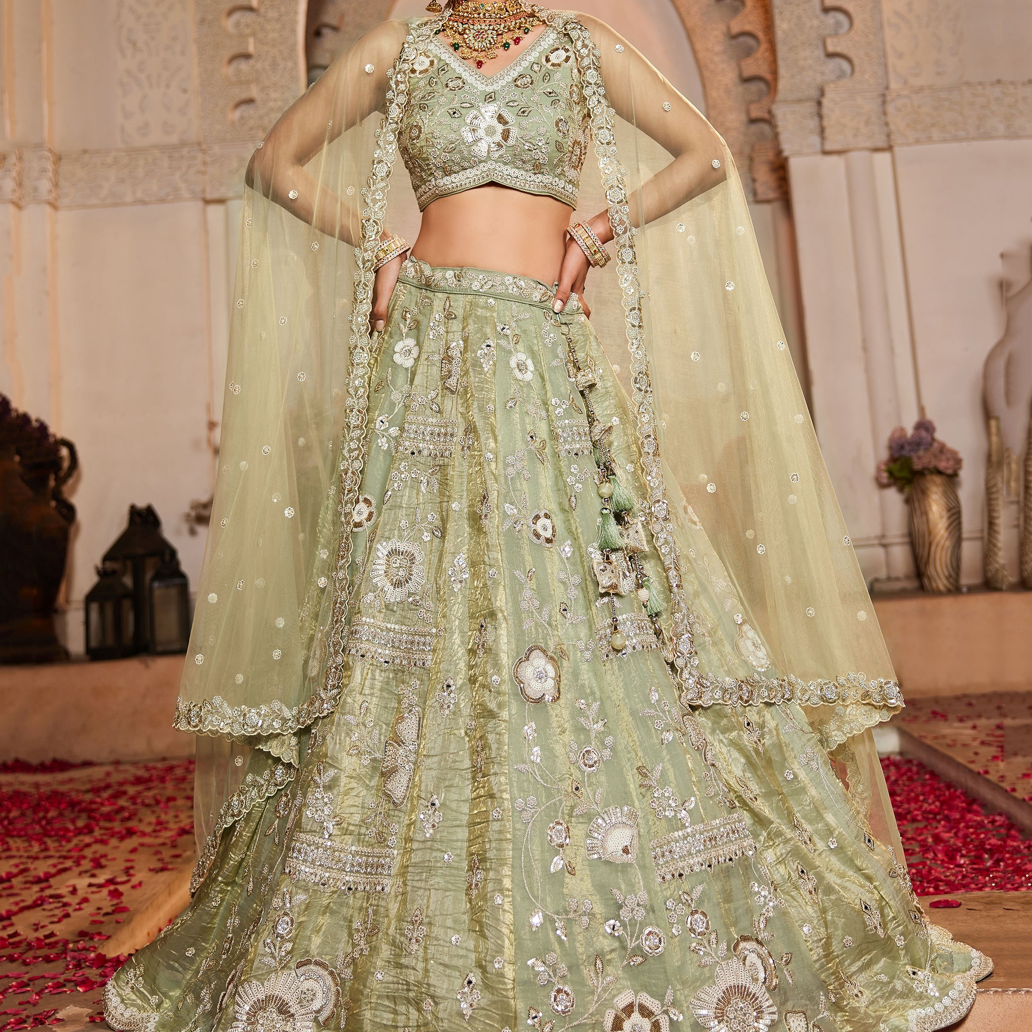 Attractive Pista Green Sequins Work Tissue Silk Bridal Lehenga Choli 