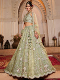 Attractive Pista Green Sequins Work Tissue Silk Bridal Lehenga Choli 