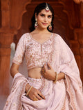 Astonishing Coral Pink Thread Embroidered Tissue Silk Engagement Wear Lehenga Choli