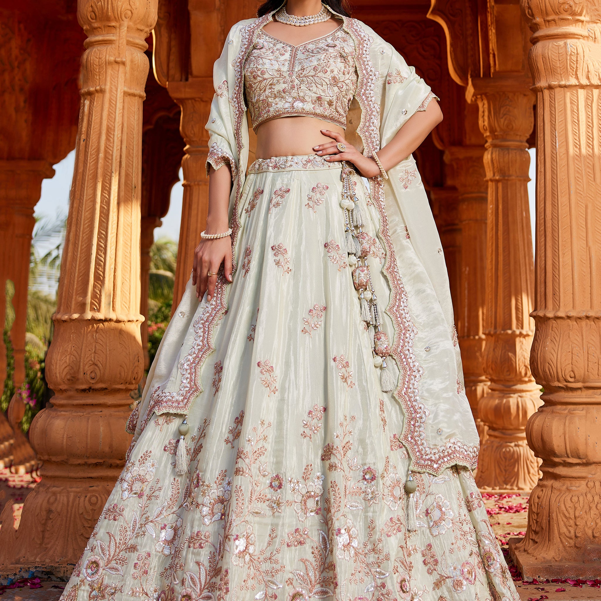 Incredible Pista Green Thread Embroidered Tissue Silk Wedding Wear Lehenga Choli