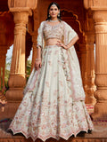 Incredible Pista Green Thread Embroidered Tissue Silk Wedding Wear Lehenga Choli