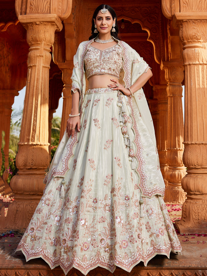 Incredible Pista Green Thread Embroidered Tissue Silk Wedding Wear Lehenga Choli