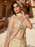 Fantastic Cream Bead Work Tissue Silk Wedding Wear Lehenga Choli With Dupatta
