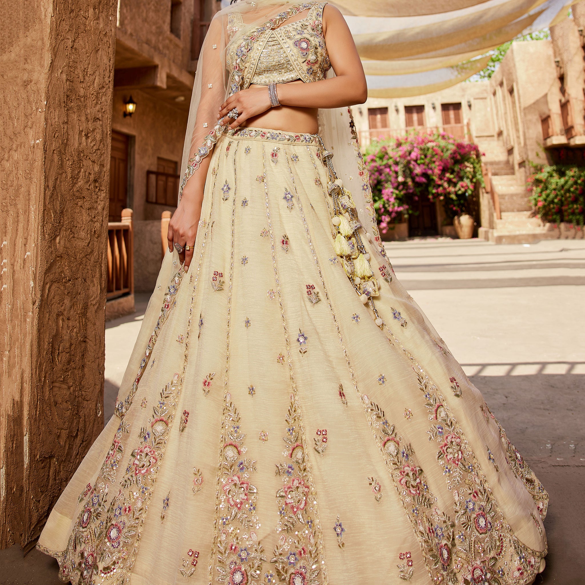 Fantastic Cream Bead Work Tissue Silk Wedding Wear Lehenga Choli With Dupatta