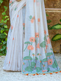 Pretty Off-White Floral Printed Cotton Casual Wear Saree With Orange Blouse