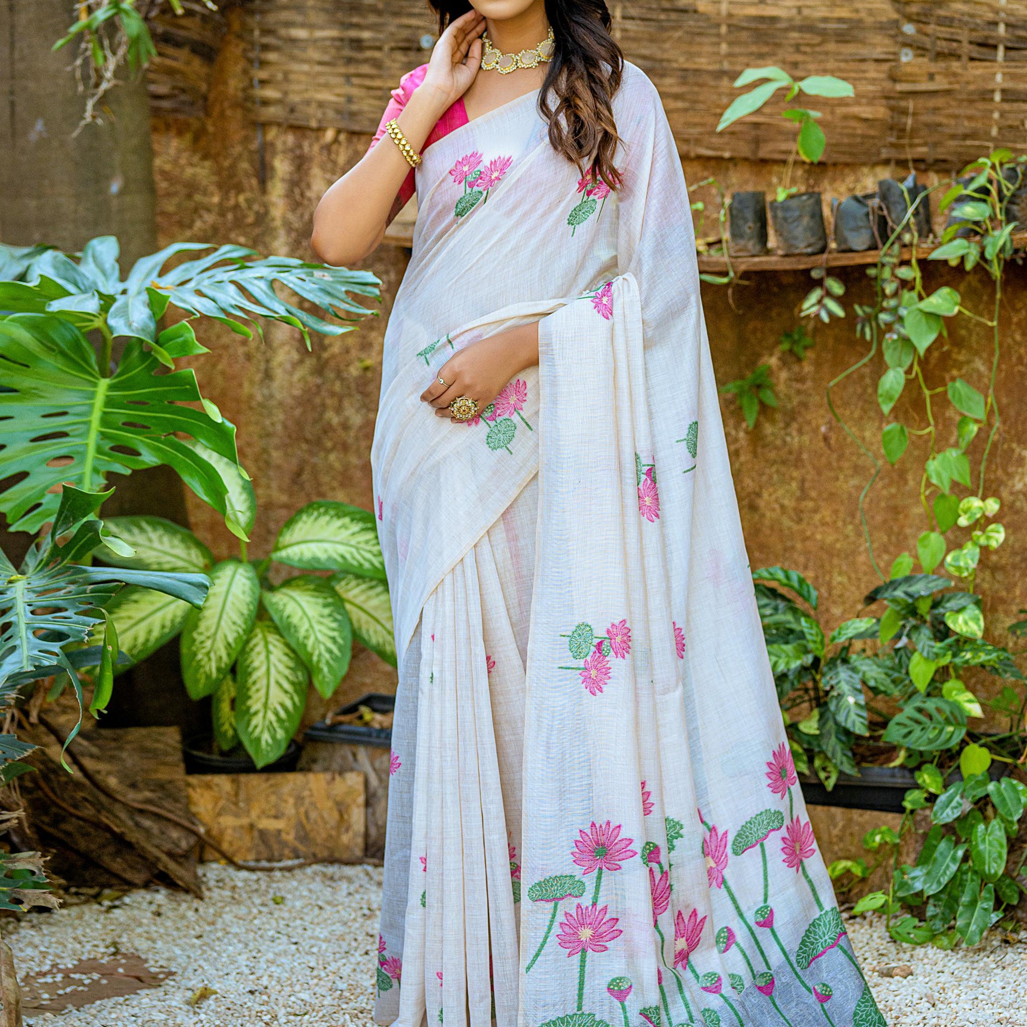 Gorgeous Off-White Printed Cotton Office Wear Saree With Pink Blouse