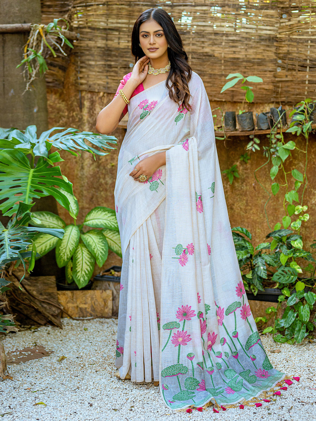 Gorgeous Off-White Printed Cotton Office Wear Saree With Pink Blouse