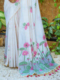 Gorgeous Off-White Printed Cotton Office Wear Saree With Pink Blouse