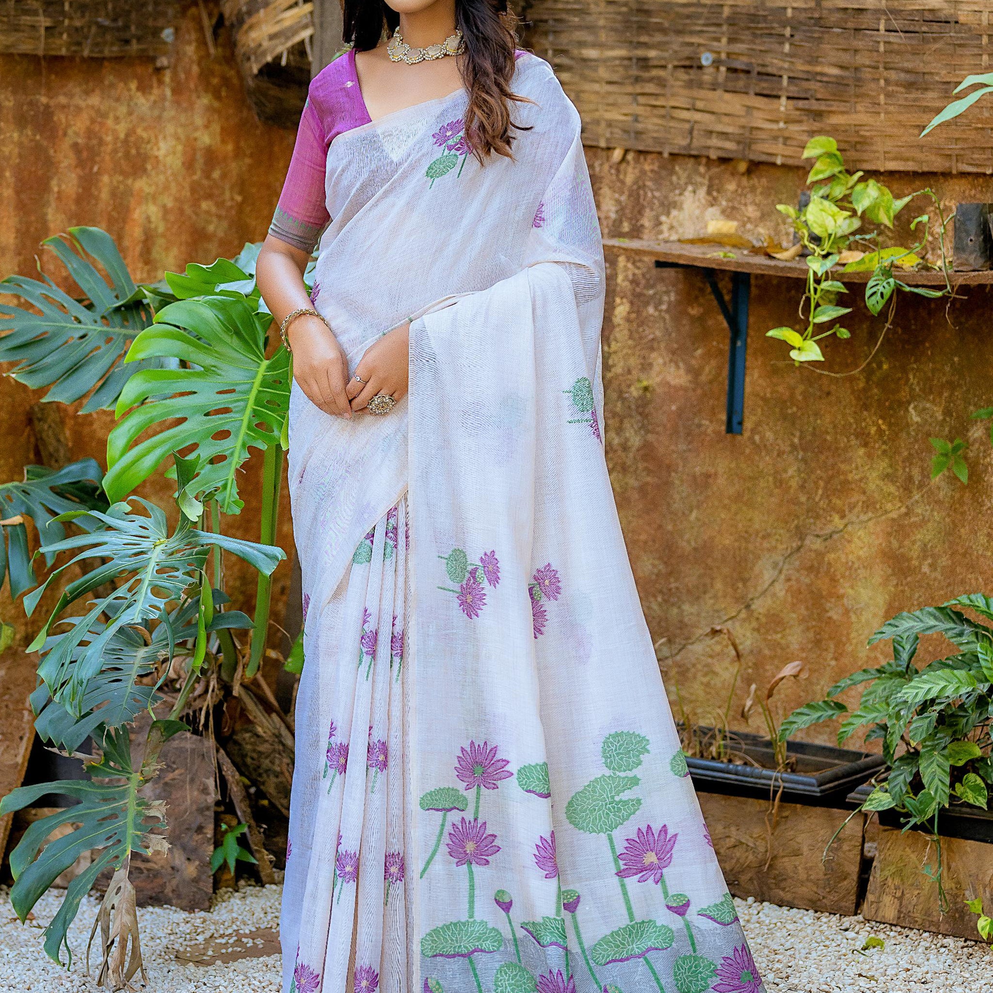 Amazing Off-White Floral Weaving Print Cotton Festive Wear Saree With Blouse