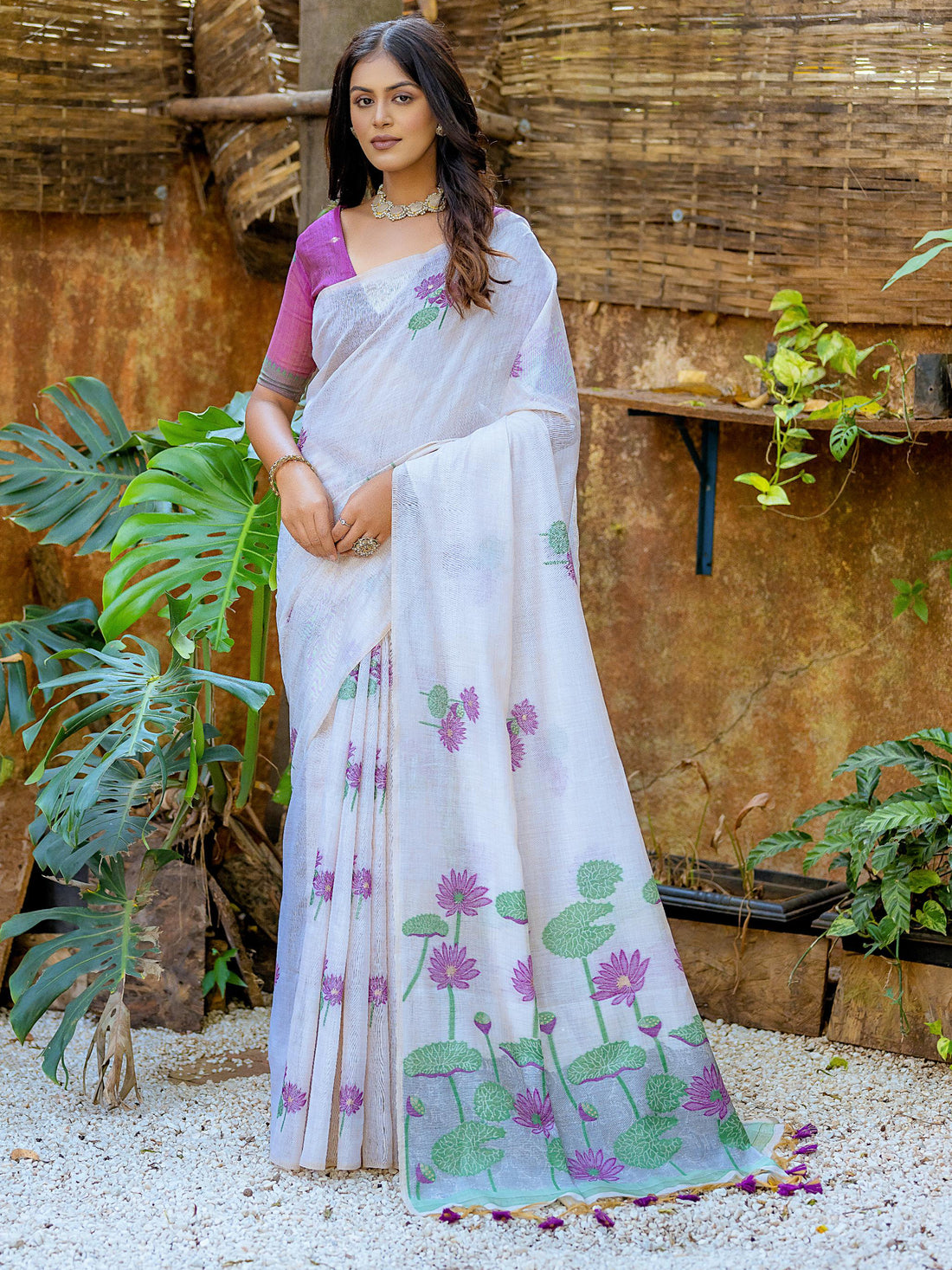 Amazing Off-White Floral Weaving Print Cotton Festive Wear Saree With Blouse