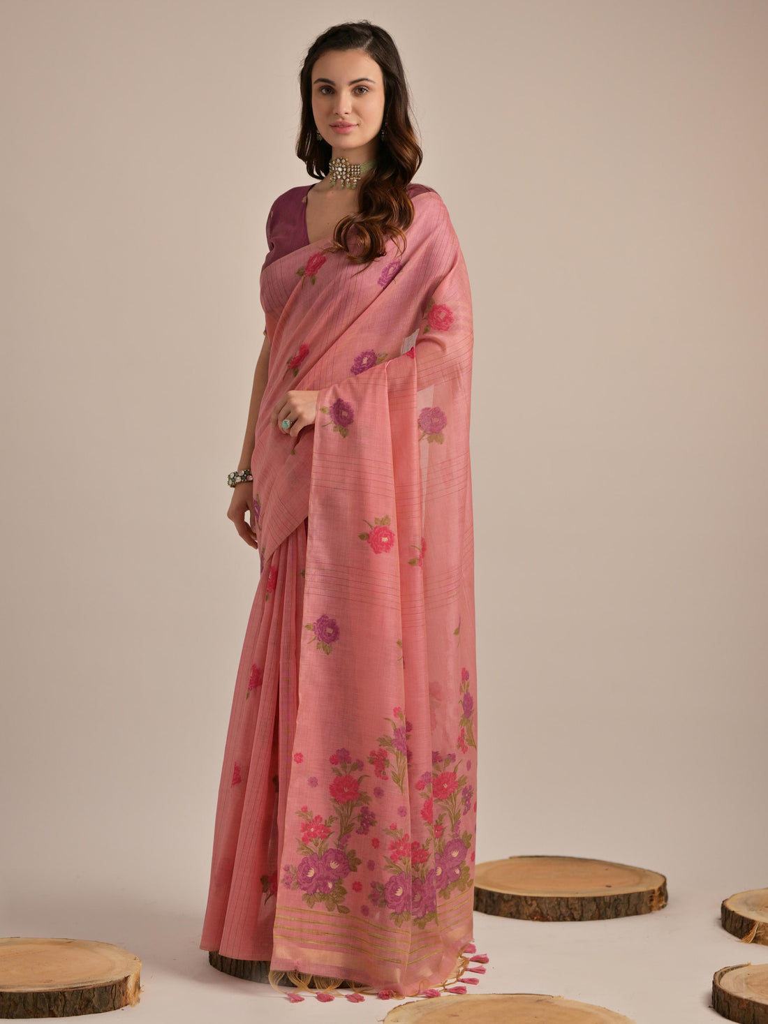 Mesmerizing Pink Floral Printed Cotton Festive Wear Saree With Blouse