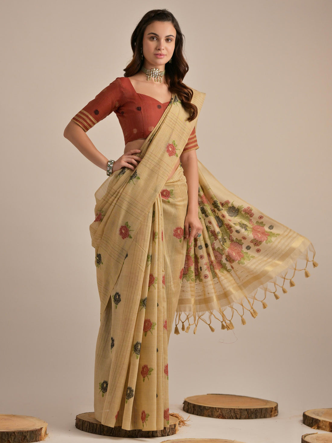 Bewitching Beige Floral Weaving Printed Cotton Traditional Saree With Blouse