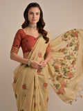 Bewitching Beige Floral Weaving Printed Cotton Traditional Saree With Blouse