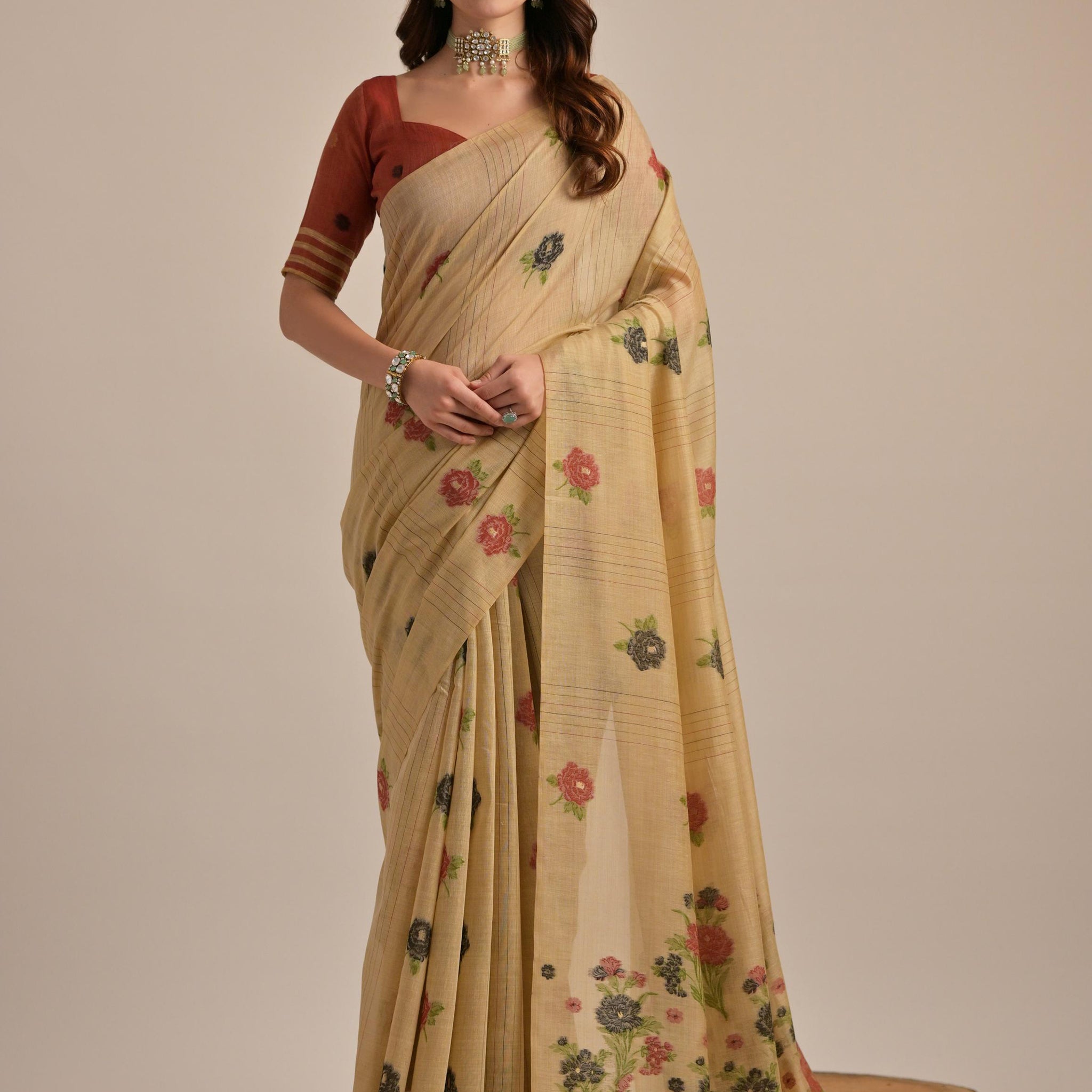 Bewitching Beige Floral Weaving Printed Cotton Traditional Saree With Blouse