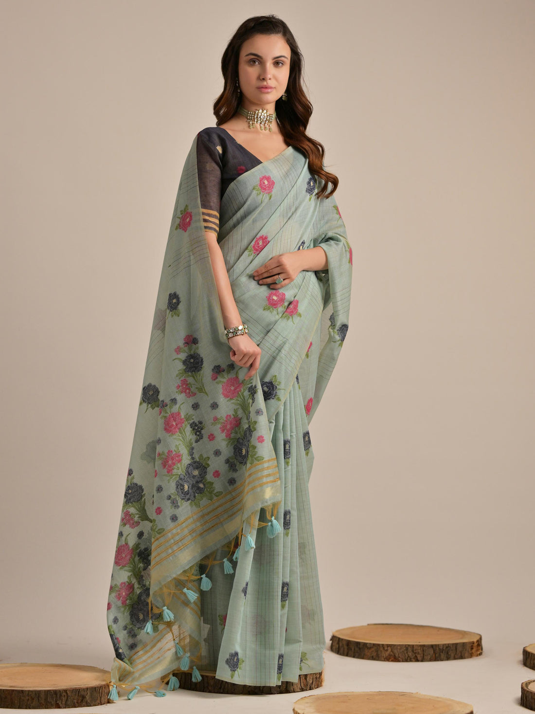 Fascinating Grey Floral Weaving Printed Cotton Casual Wear Saree With Blouse