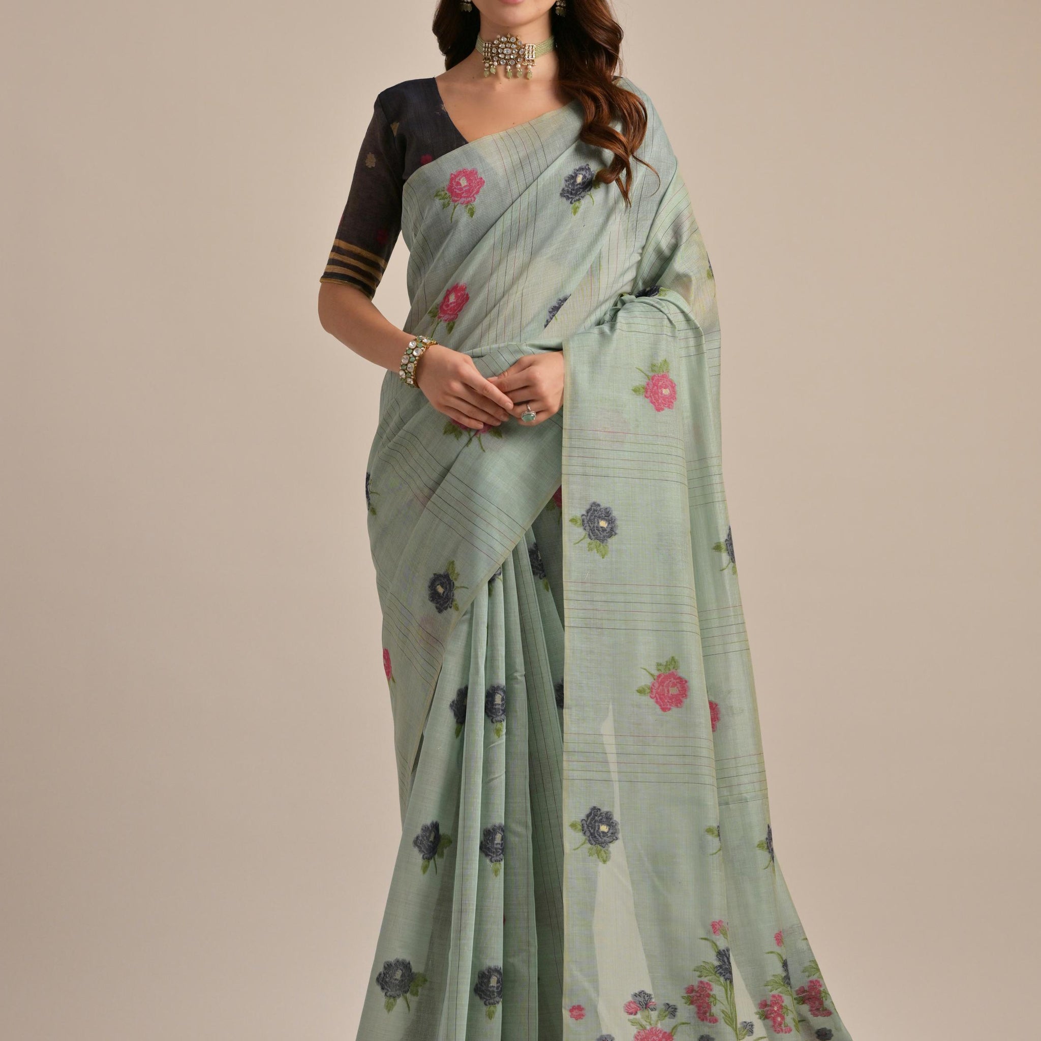 Fascinating Grey Floral Weaving Printed Cotton Casual Wear Saree With Blouse
