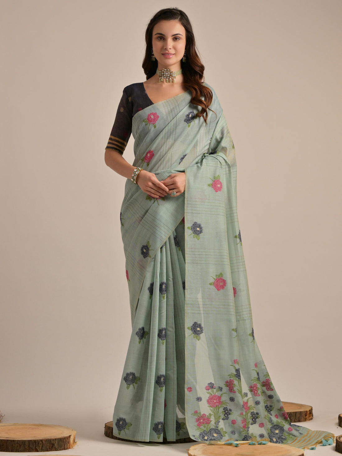 Fascinating Grey Floral Weaving Printed Cotton Casual Wear Saree With Blouse