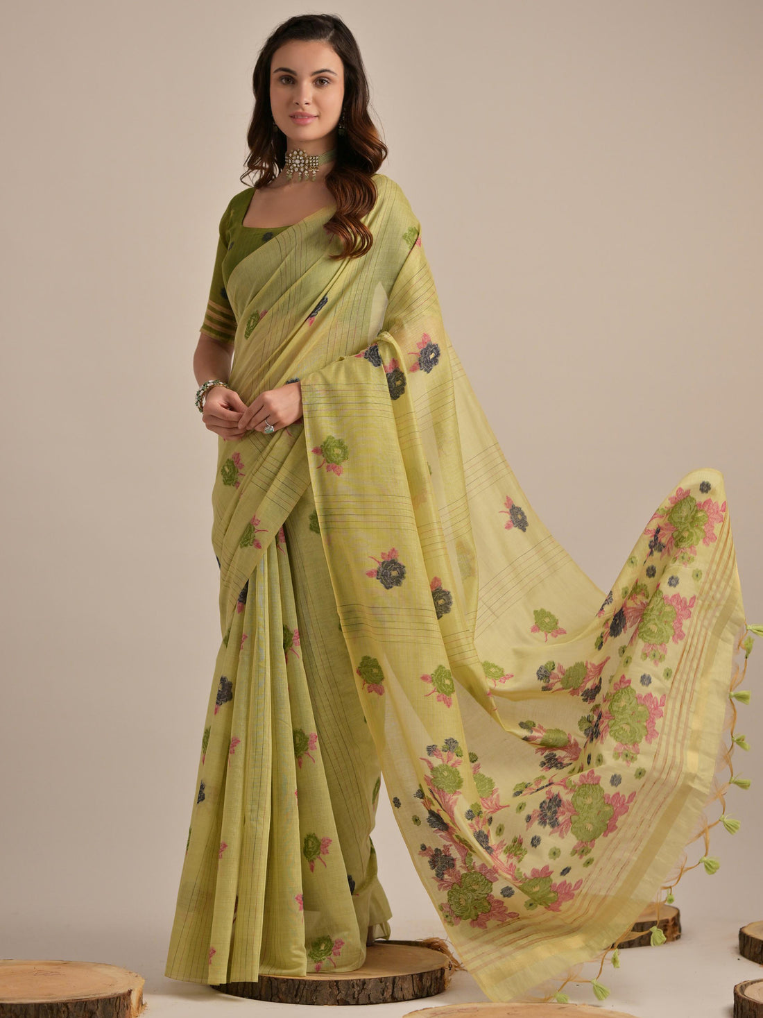 Beautiful Pista Green Floral Weaving Printed Cotton Saree With Blouse