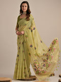 Beautiful Pista Green Floral Weaving Printed Cotton Saree With Blouse