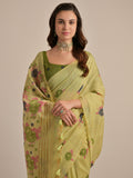 Beautiful Pista Green Floral Weaving Printed Cotton Saree With Blouse