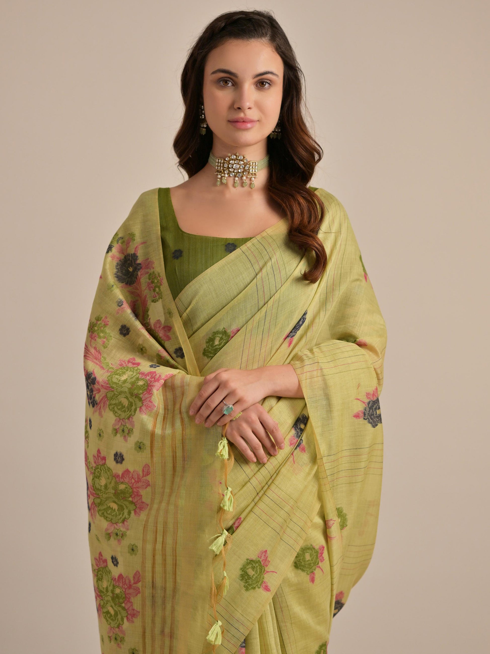 Beautiful Pista Green Floral Weaving Printed Cotton Saree With Blouse