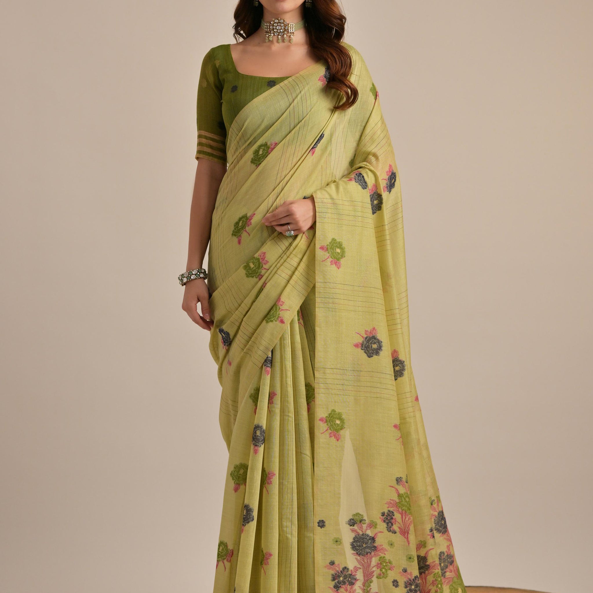 Beautiful Pista Green Floral Weaving Printed Cotton Saree With Blouse