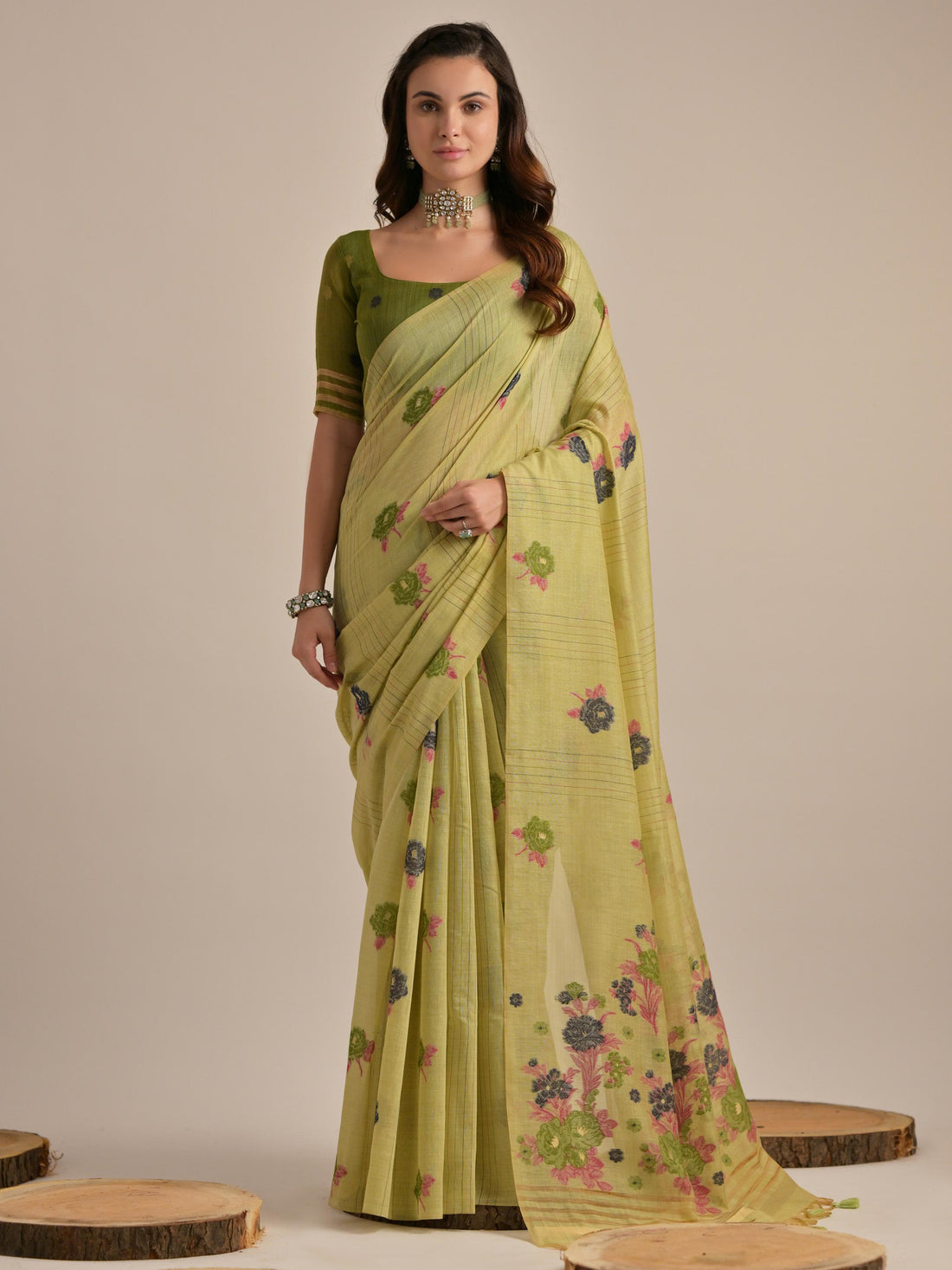 Beautiful Pista Green Floral Weaving Printed Cotton Saree With Blouse