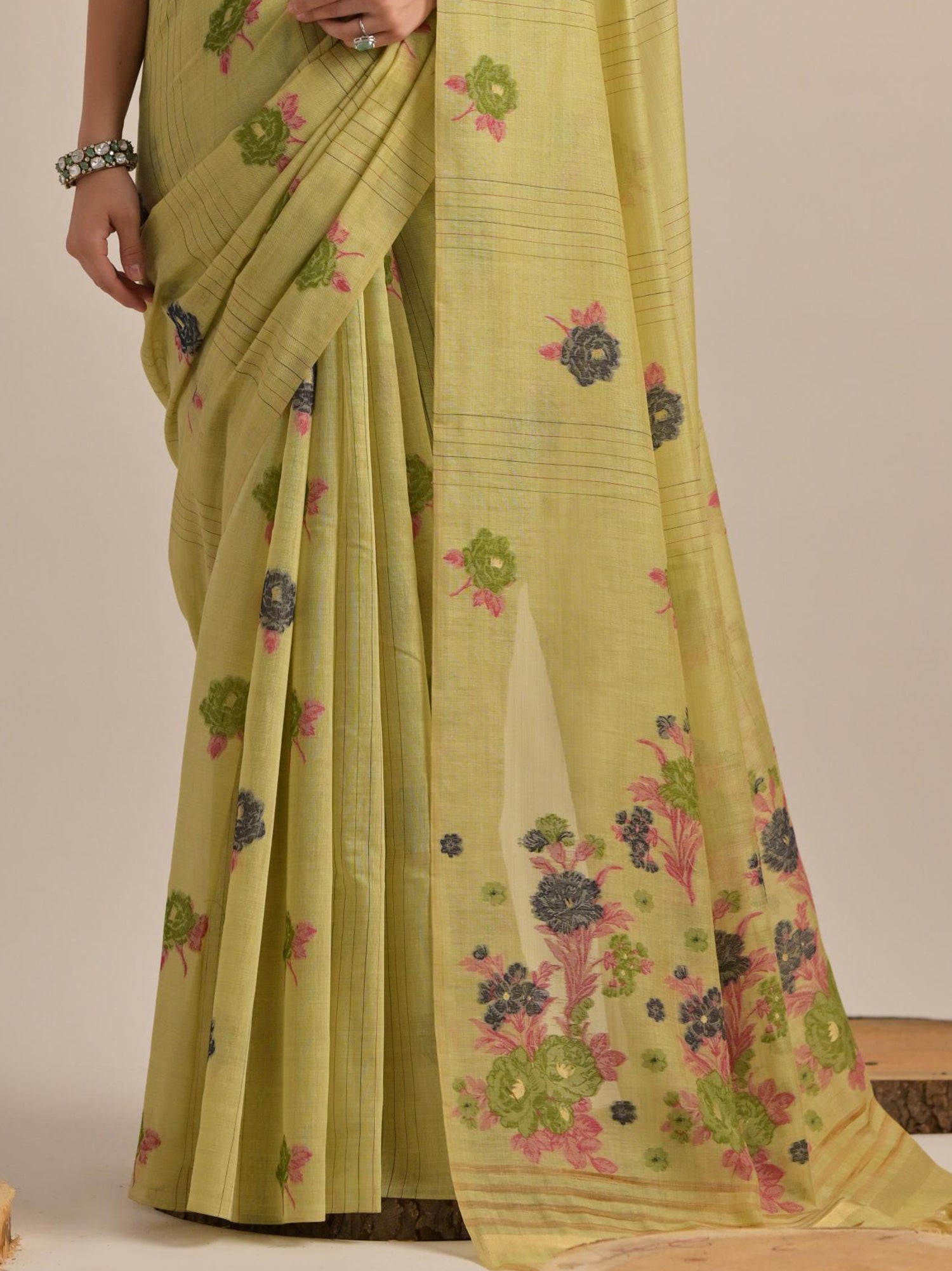 Beautiful Pista Green Floral Weaving Printed Cotton Saree With Blouse